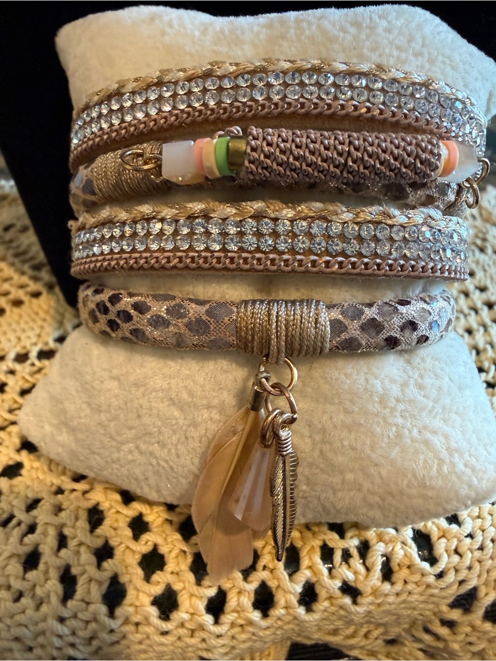Multi-Strand Beige Crystal & Charm Bracelet - Women Jewelry